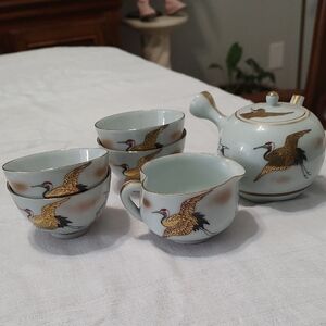 Vintage Japanese Kutani Tea Set With Gold Crane Design